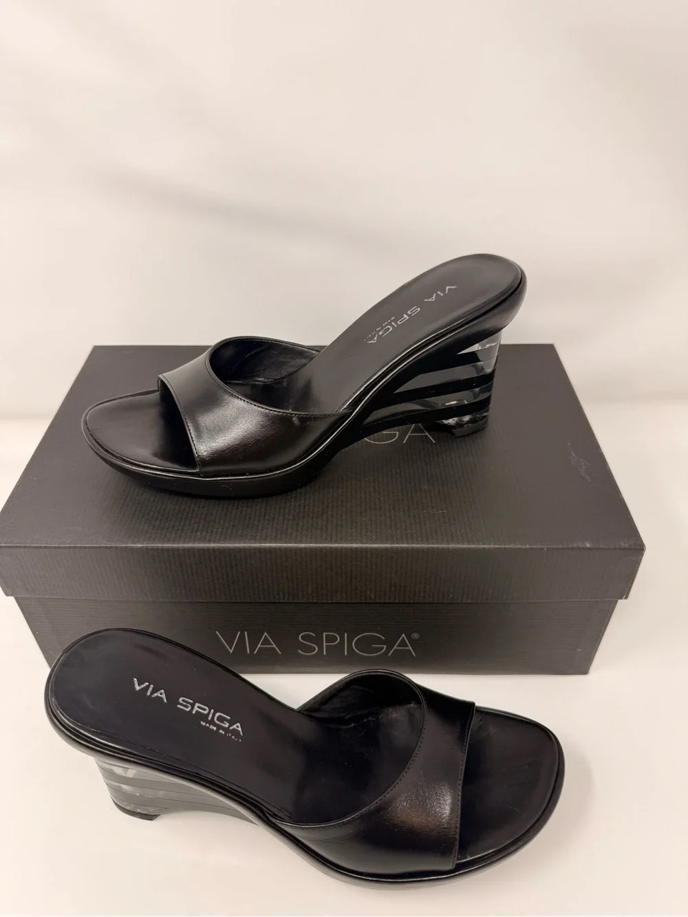 Via Spiga Black Leather Wedge Slide Sandals with Striped Heel